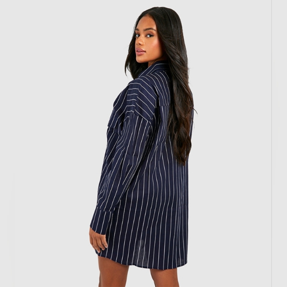 Navy Pinstripe Button-Up Boho Shirt Dress - Picture 2 of 3
